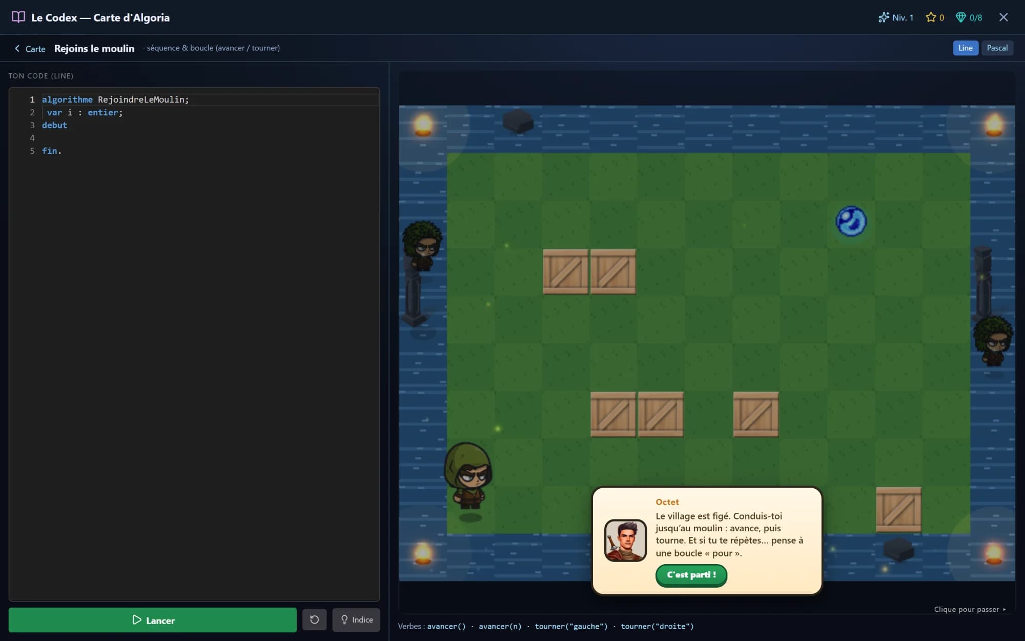 Niveau « Rejoins le moulin » du Codex : le code Line à gauche, le plateau de jeu à droite.