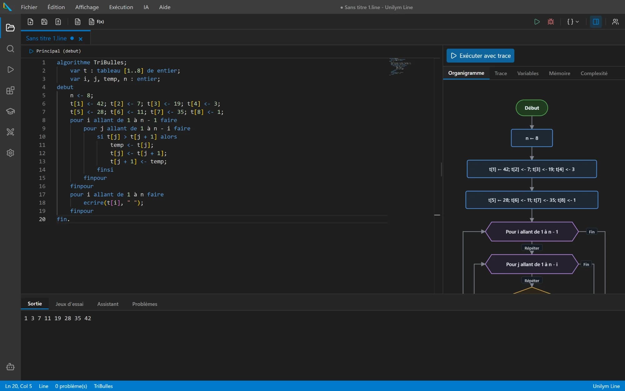 Vue Exécuter : code du tri à bulles, organigramme généré et sortie triée.
